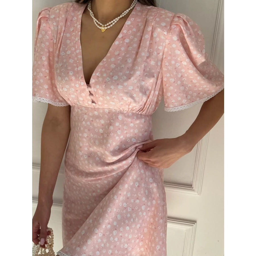 V-Neck Puff Sleeve Mini Dress with Lace Trim Blush Pink / S Apparel and Accessories