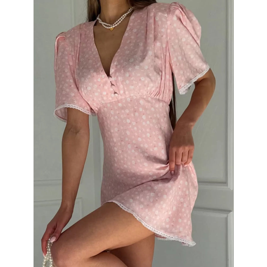 V-Neck Puff Sleeve Mini Dress with Lace Trim Apparel and Accessories