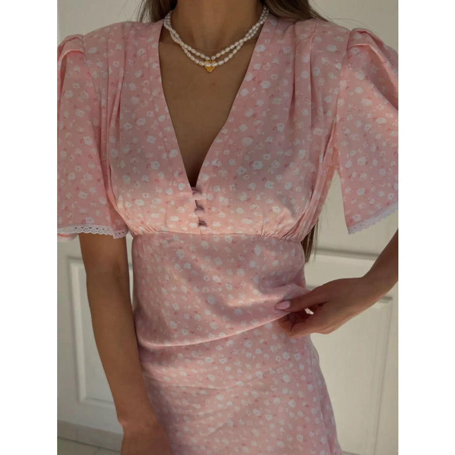 V-Neck Puff Sleeve Mini Dress with Lace Trim Apparel and Accessories