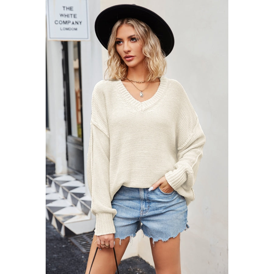 V-Neck Ribbed Dropped Shoulder Knit Top Cream / S