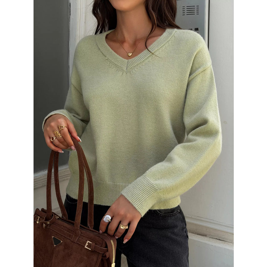 V-Neck Ribbed Hem Sweater Apparel and Accessories