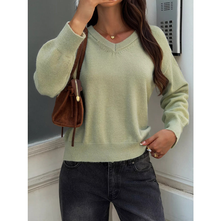 V-Neck Ribbed Hem Sweater Apparel and Accessories