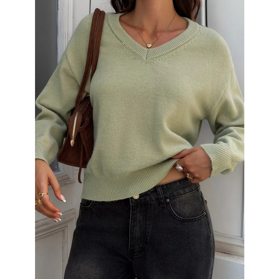 V-Neck Ribbed Hem Sweater Green / S Apparel and Accessories