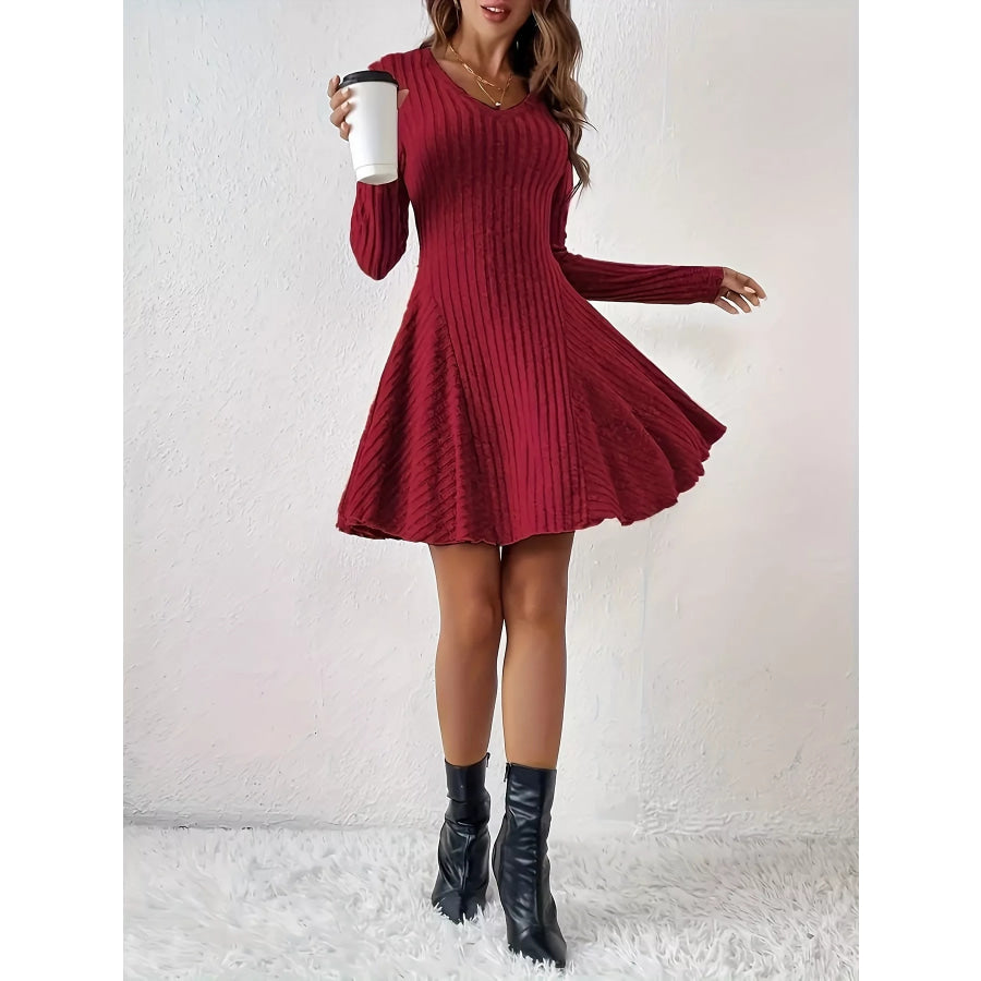 V-Neck Ribbed Knit Flared Knit Dress Apparel and Accessories