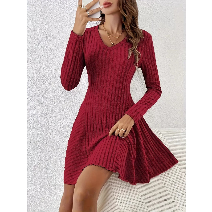 V-Neck Ribbed Knit Flared Knit Dress Apparel and Accessories