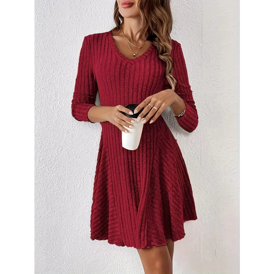 V-Neck Ribbed Knit Flared Knit Dress Apparel and Accessories