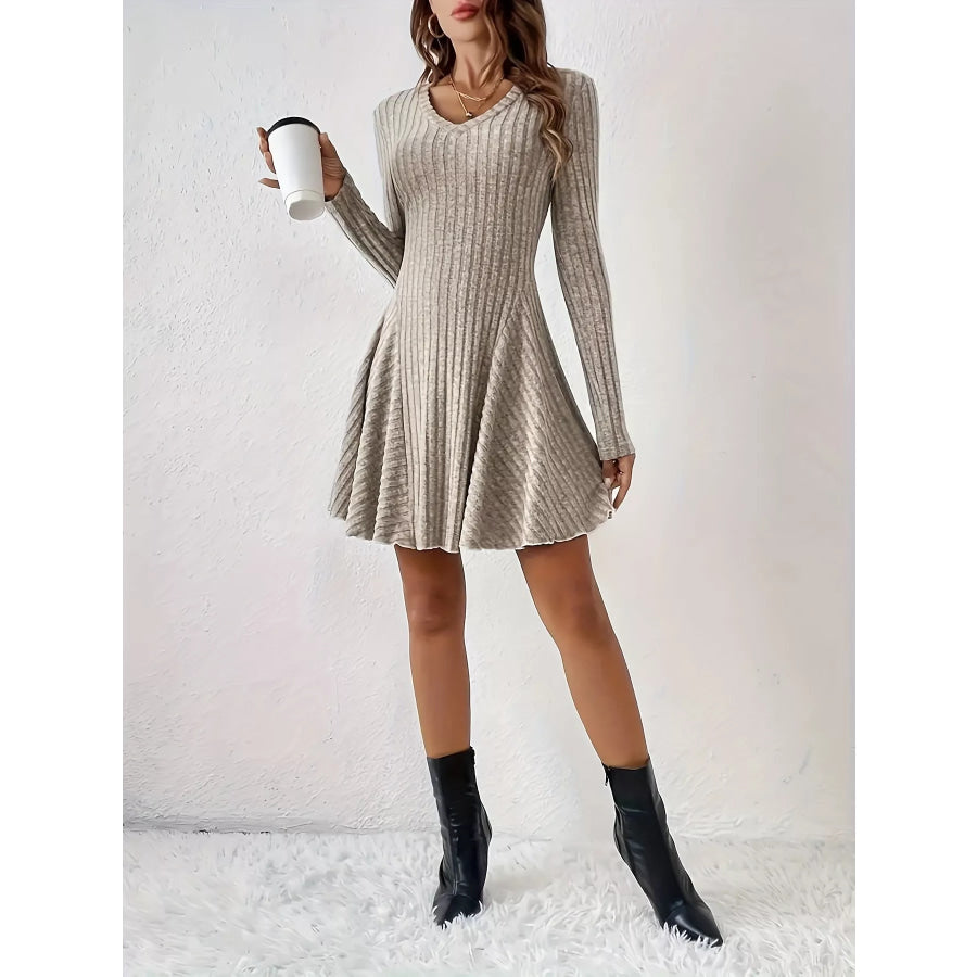 V-Neck Ribbed Knit Flared Knit Dress Apparel and Accessories