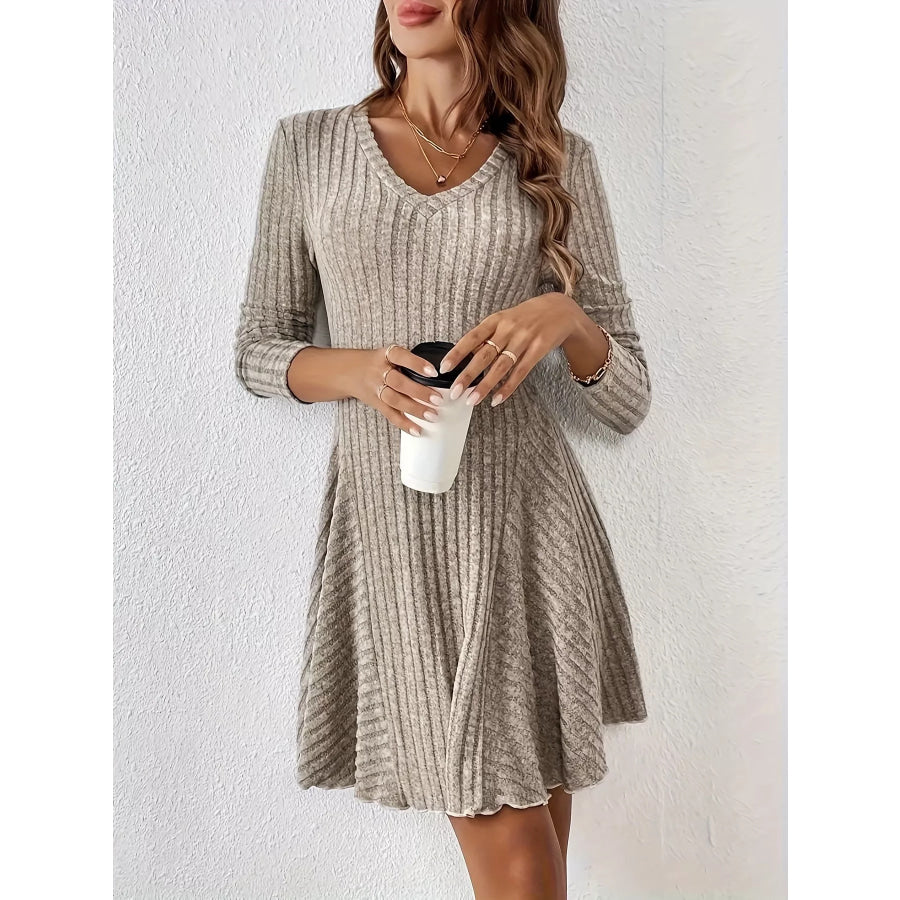 V-Neck Ribbed Knit Flared Knit Dress Apparel and Accessories