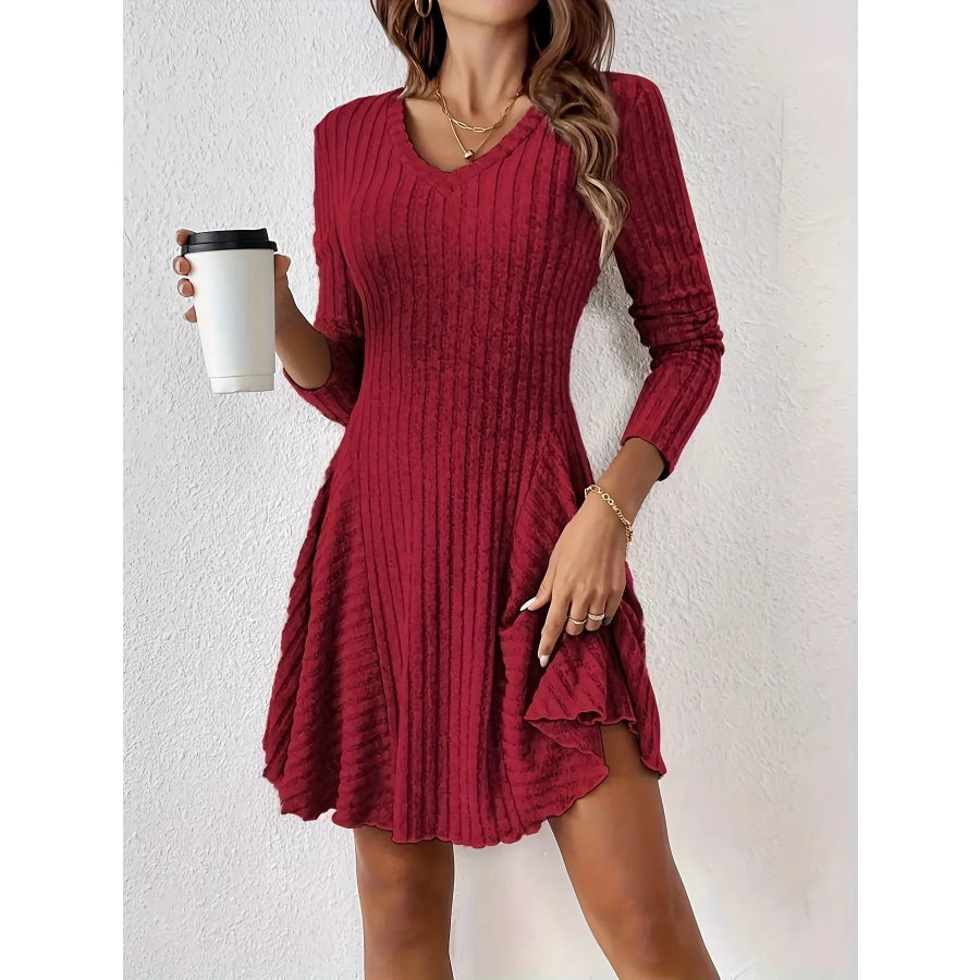 V-Neck Ribbed Knit Flared Knit Dress Rust / S Apparel and Accessories