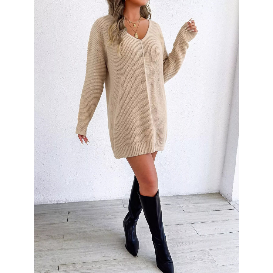 V-Neck Ribbed Knit Sweater Dress Apparel and Accessories