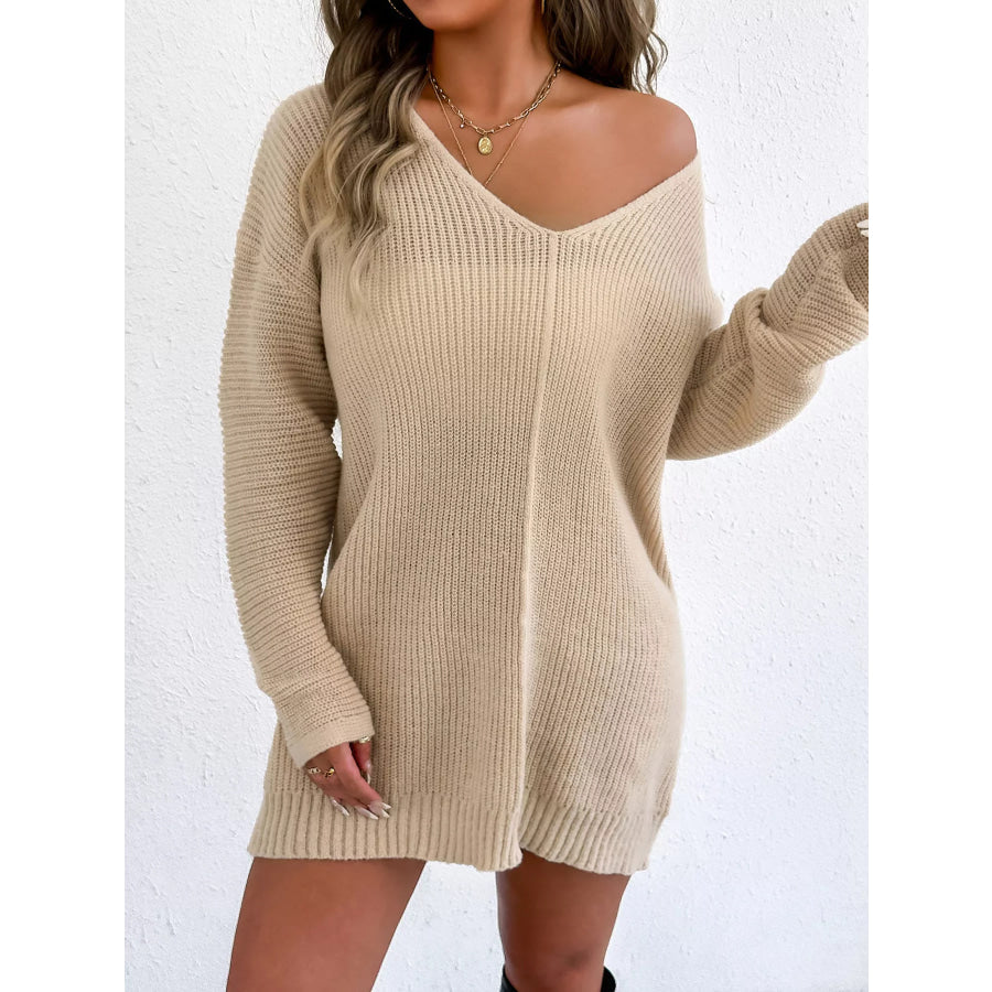 V-Neck Ribbed Knit Sweater Dress Apparel and Accessories