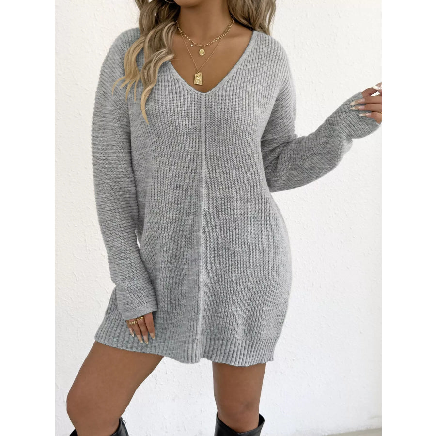 V-Neck Ribbed Knit Sweater Dress Flower Ash / S Apparel and Accessories