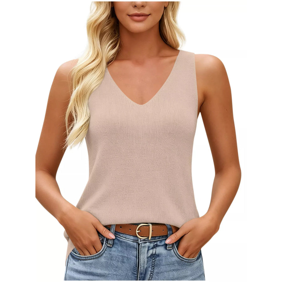 V-Neck Ribbed Knit Tank Top Apricot / S Apparel and Accessories