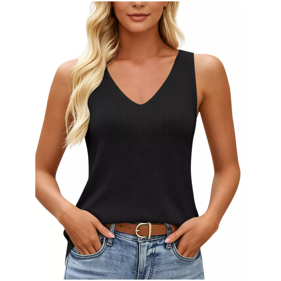 V-Neck Ribbed Knit Tank Top Black / S Apparel and Accessories