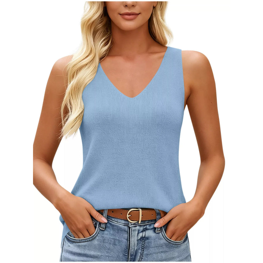 V-Neck Ribbed Knit Tank Top Blue / S Apparel and Accessories