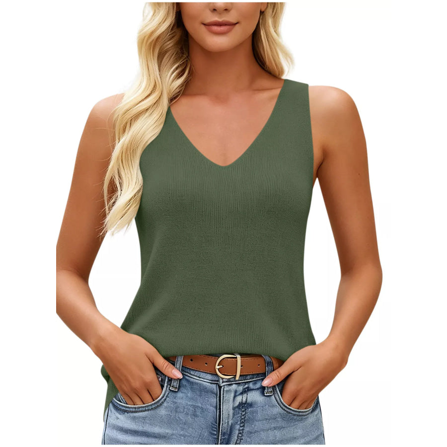 V-Neck Ribbed Knit Tank Top Green / S Apparel and Accessories