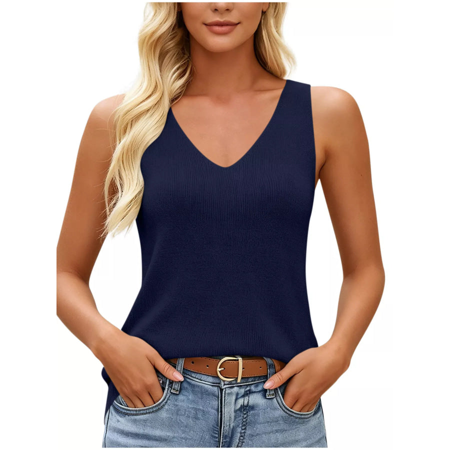 V-Neck Ribbed Knit Tank Top Navy / S Apparel and Accessories