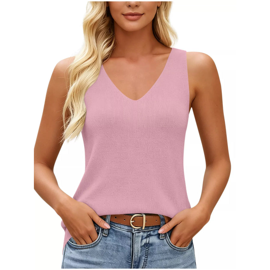 V-Neck Ribbed Knit Tank Top Pink / S Apparel and Accessories