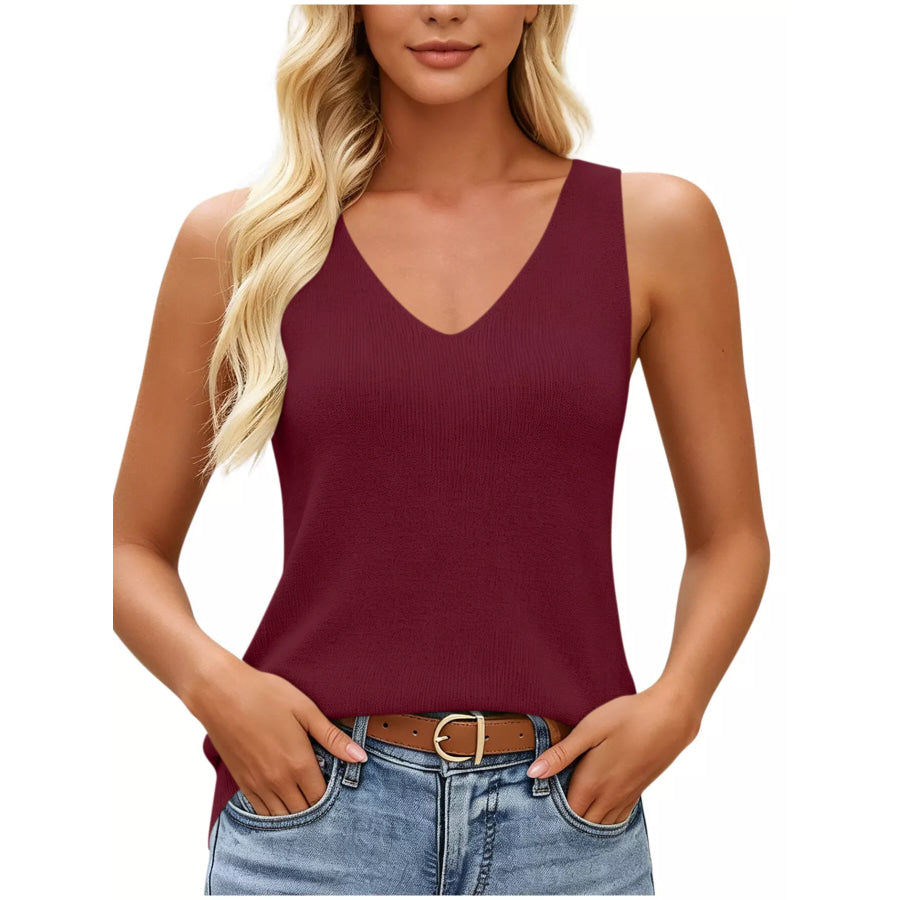 V-Neck Ribbed Knit Tank Top Red / S Apparel and Accessories