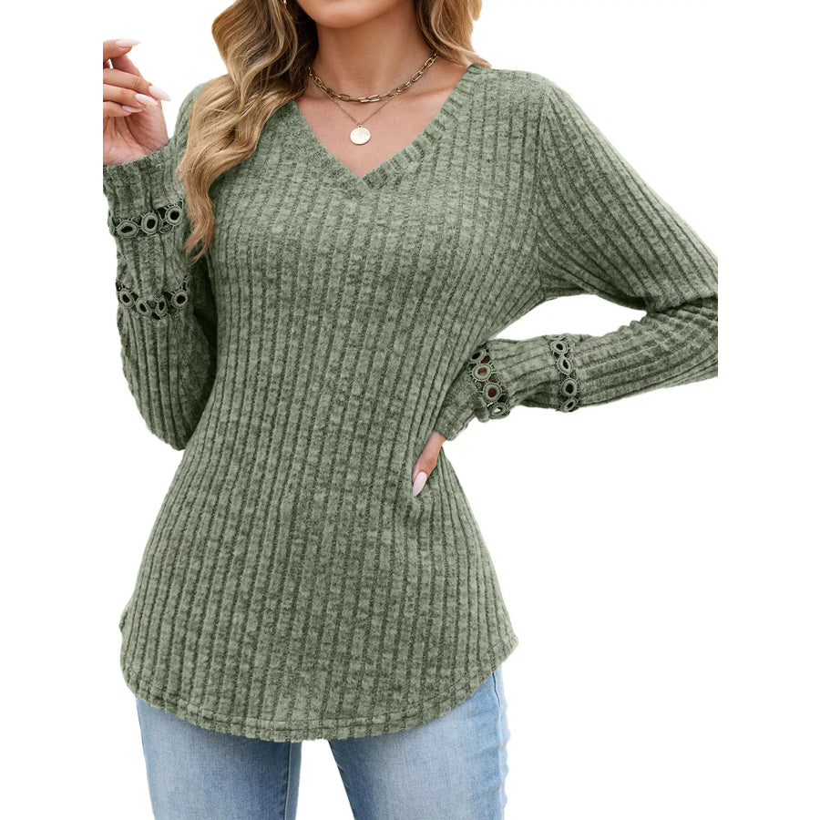 V-Neck Ribbed Knit Top with Eyelet Cuff Detail Army Green / S Apparel and Accessories