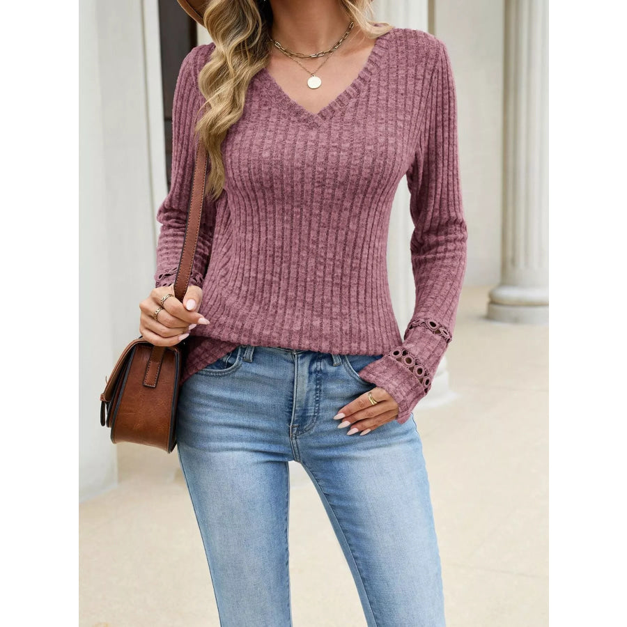V-Neck Ribbed Knit Top with Eyelet Cuff Detail Purple / S Apparel and Accessories