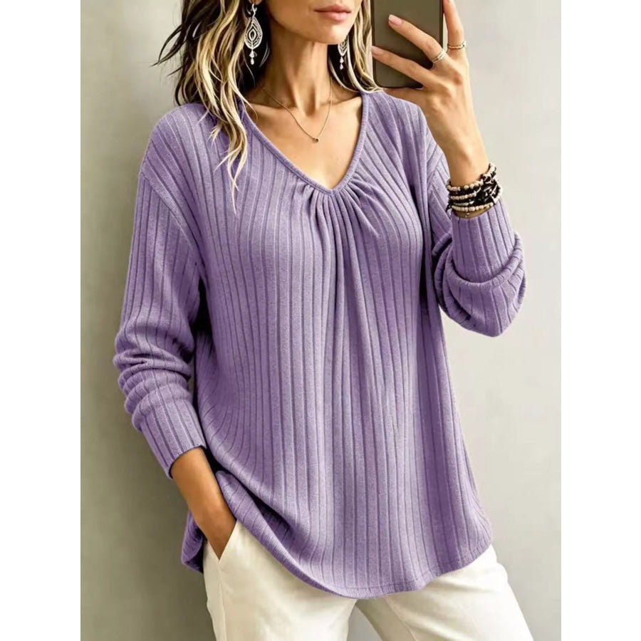 V-Neck Ribbed Long Sleeve T-Shirt Apparel and Accessories