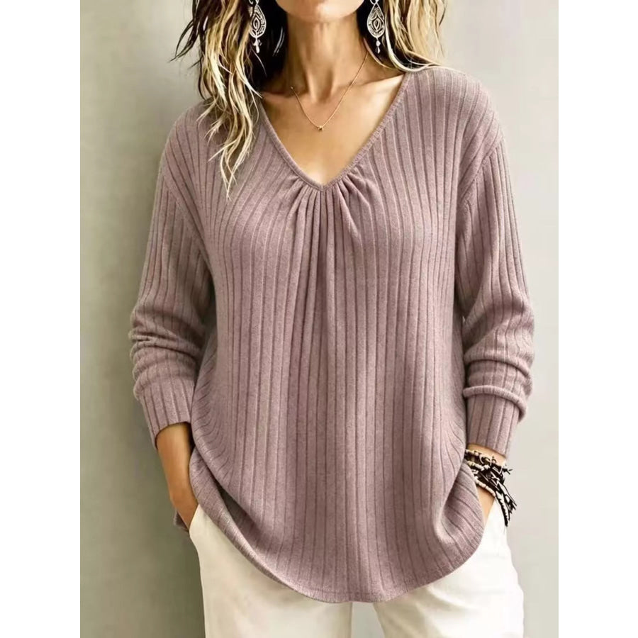 V-Neck Ribbed Long Sleeve T-Shirt Apparel and Accessories