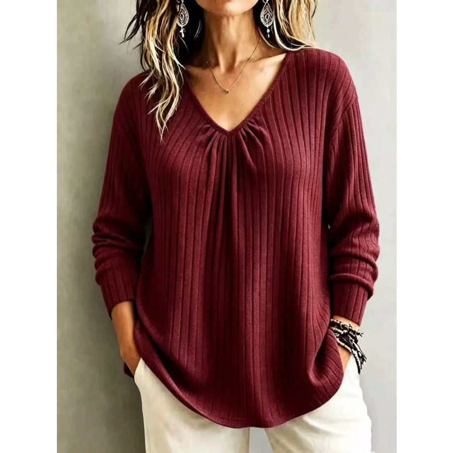 V-Neck Ribbed Long Sleeve T-Shirt Apparel and Accessories