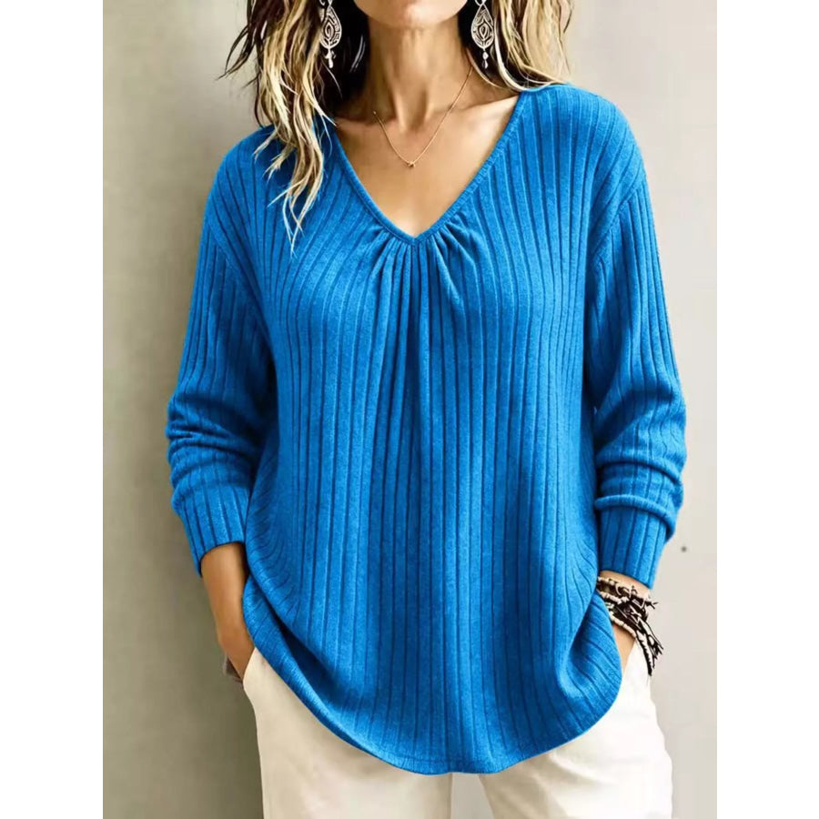 V-Neck Ribbed Long Sleeve T-Shirt Blue / S Apparel and Accessories