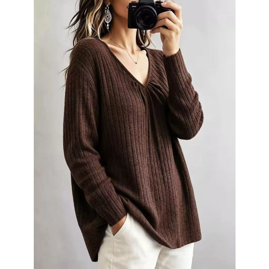 V-Neck Ribbed Long Sleeve T-Shirt Brown / S Apparel and Accessories