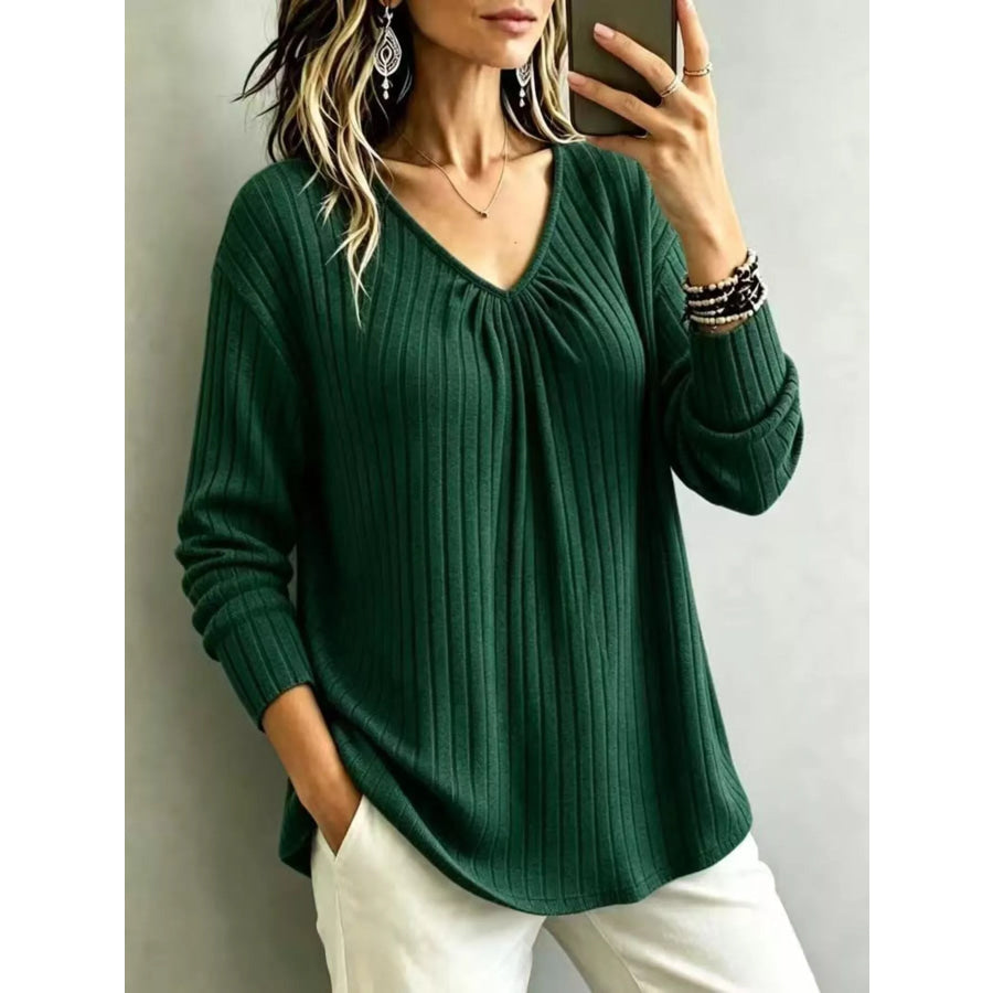 V-Neck Ribbed Long Sleeve T-Shirt Green / S Apparel and Accessories