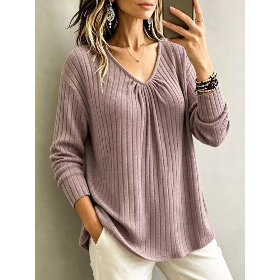 V-Neck Ribbed Long Sleeve T-Shirt Pale Blush / S Apparel and Accessories