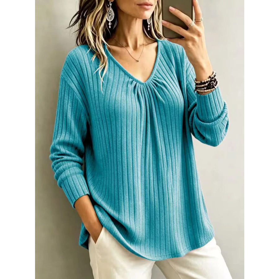 V-Neck Ribbed Long Sleeve T-Shirt Turquoise / S Apparel and Accessories