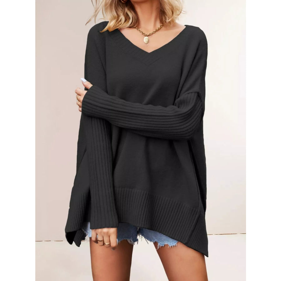 V-Neck Ribbed Sleeve Sweater Black / S Apparel and Accessories