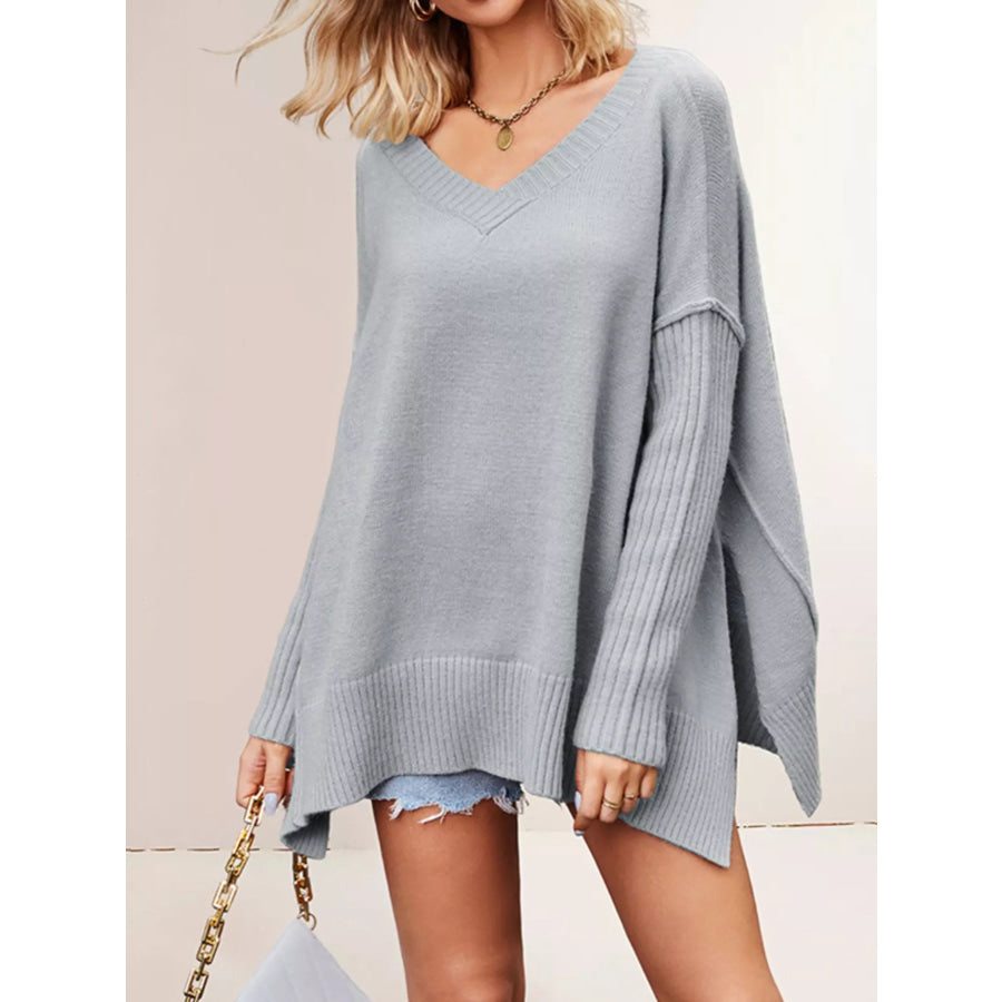 V-Neck Ribbed Sleeve Sweater Grey / S Apparel and Accessories