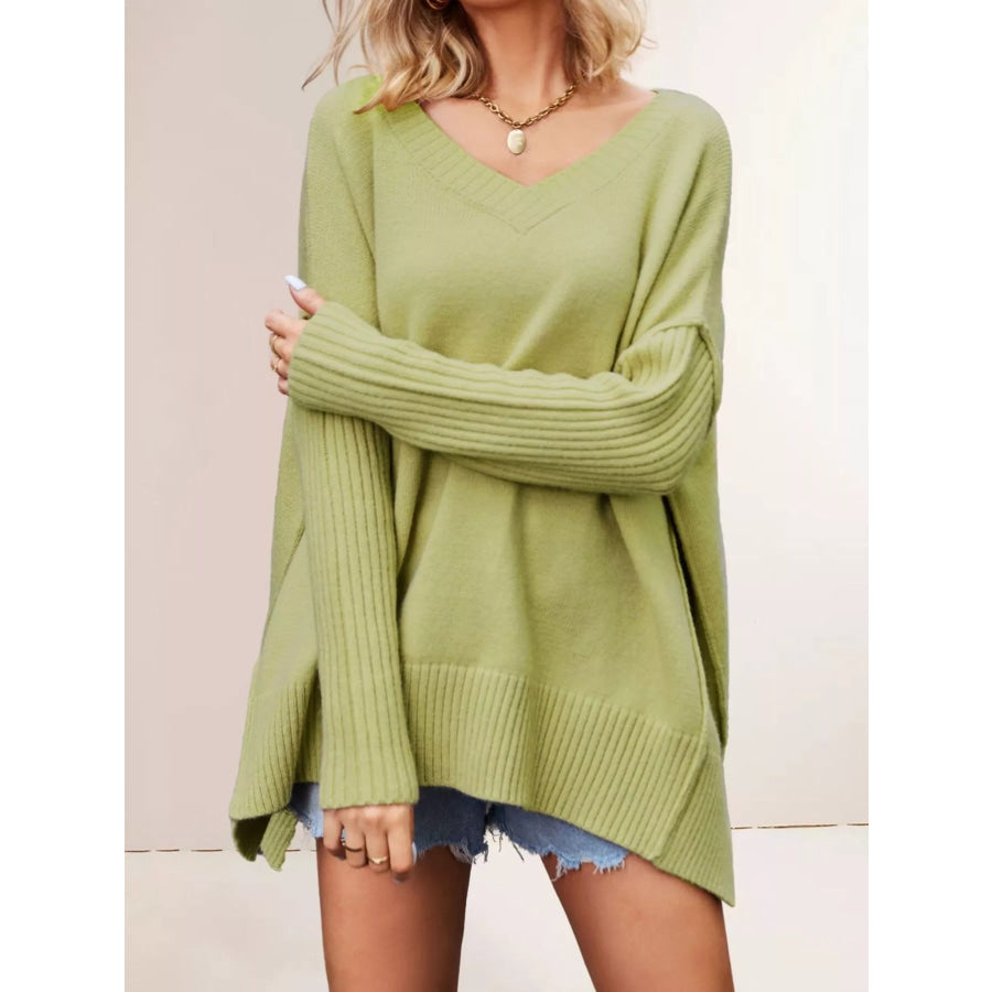 V-Neck Ribbed Sleeve Sweater Yellowish Green / S Apparel and Accessories
