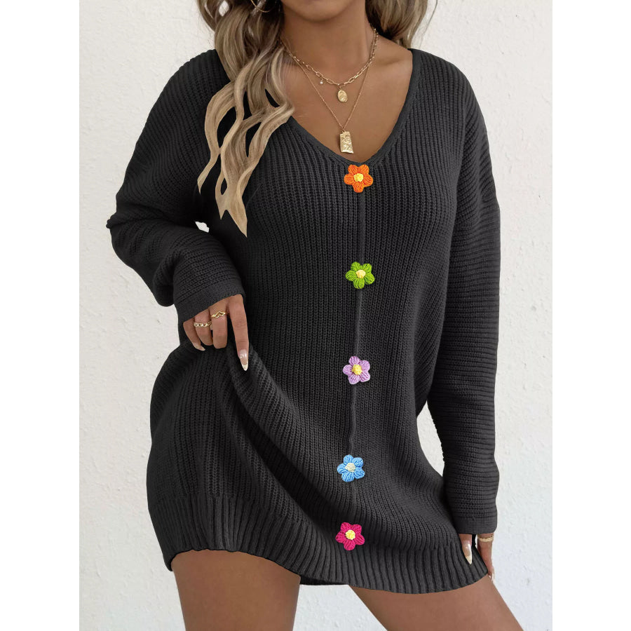 V-Neck Ribbed Sweater Dress with Floral Appliques Apparel and Accessories