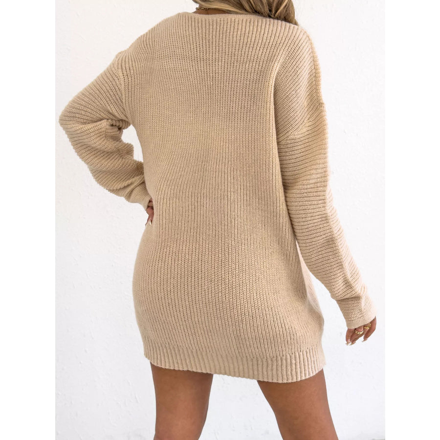 V-Neck Ribbed Sweater Dress with Floral Appliques Apparel and Accessories