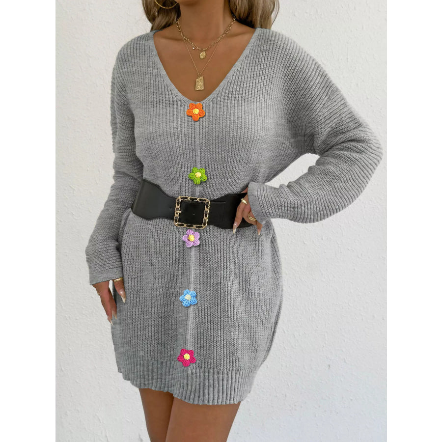 V-Neck Ribbed Sweater Dress with Floral Appliques Flower Ash / S Apparel and Accessories