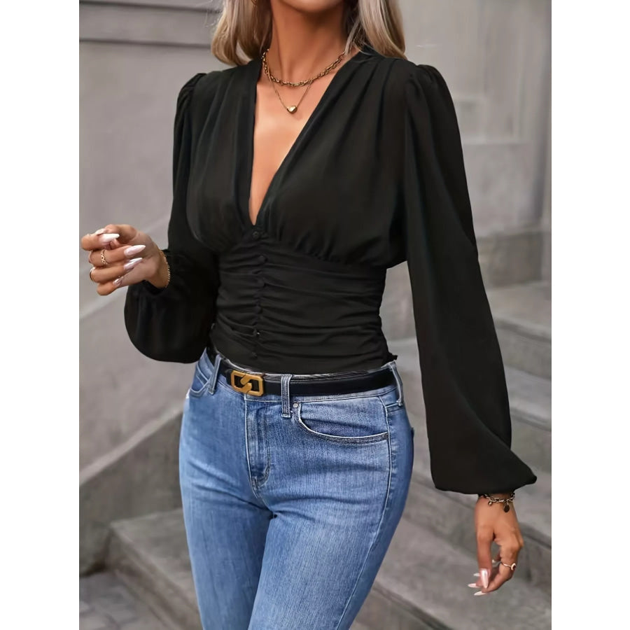 V-Neck Ruched Long Sleeve Blouse Apparel and Accessories