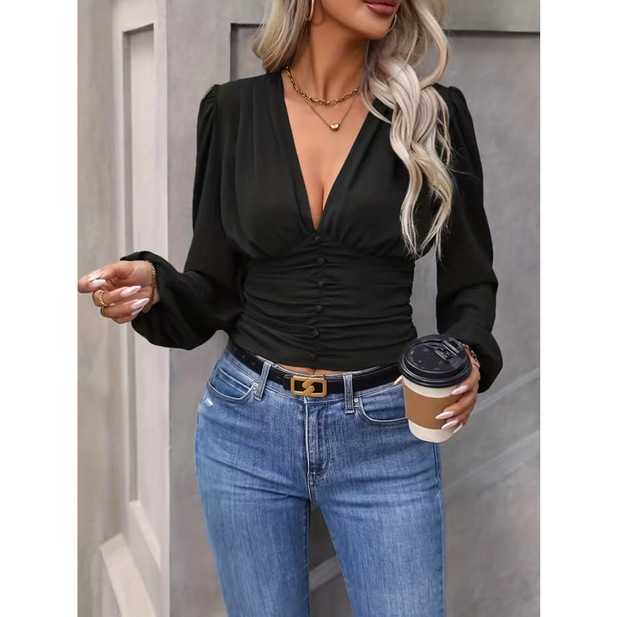 V-Neck Ruched Long Sleeve Blouse Apparel and Accessories