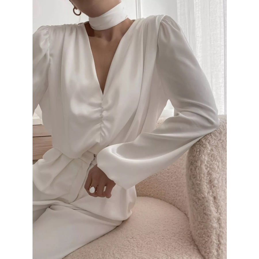 V-Neck Ruched Long Sleeve Blouse White / S Apparel and Accessories