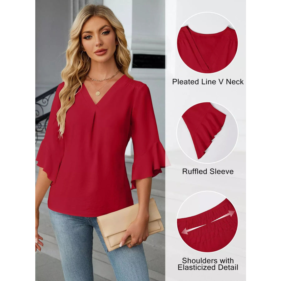 V-Neck Ruffle Sleeve Blouse Apparel and Accessories