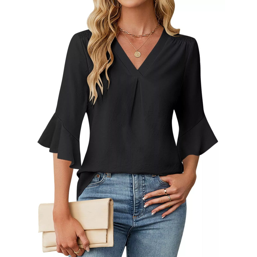 V-Neck Ruffle Sleeve Blouse Black / S Apparel and Accessories