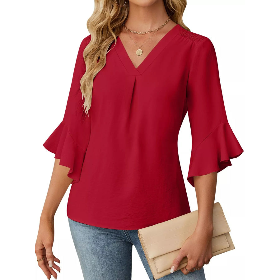 V-Neck Ruffle Sleeve Blouse Red / S Apparel and Accessories