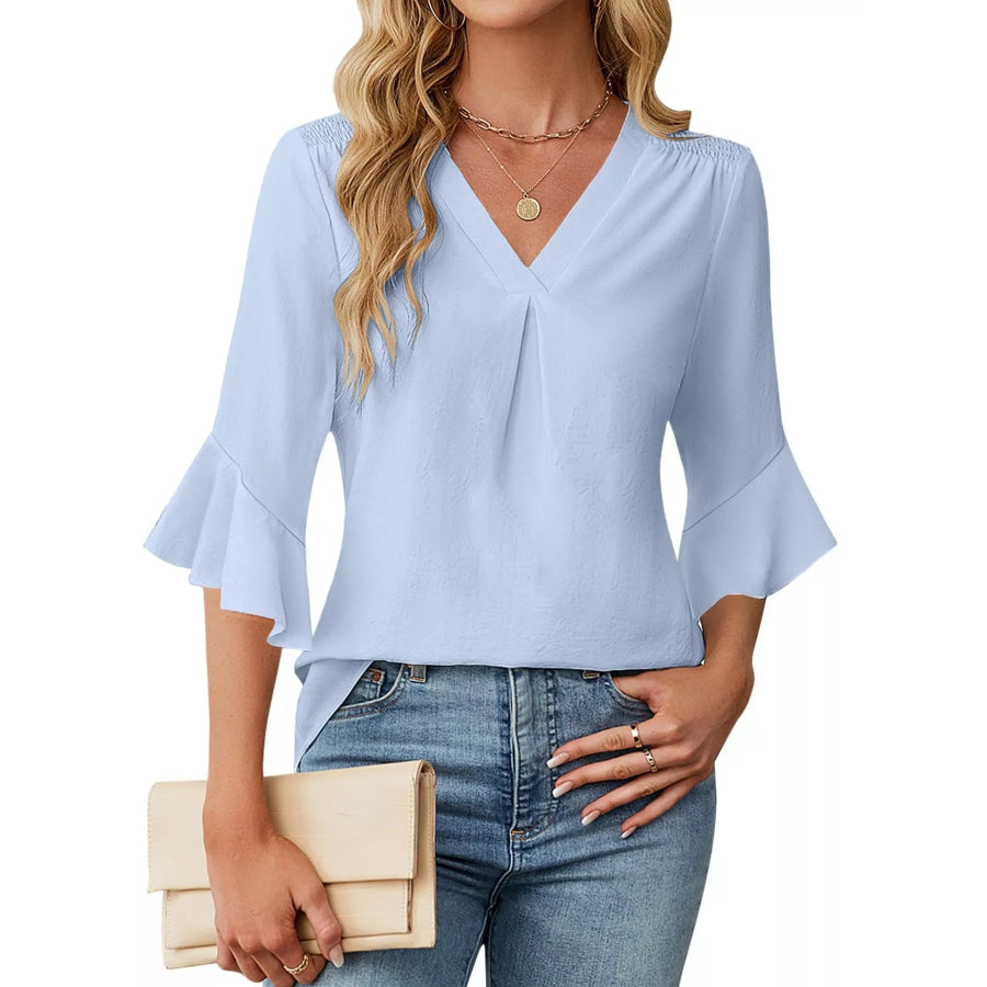 V-Neck Ruffle Sleeve Blouse Sky Blue / S Apparel and Accessories