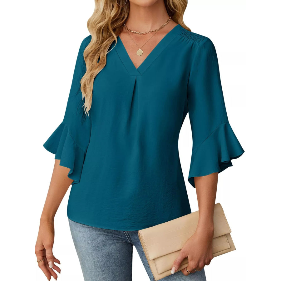 V-Neck Ruffle Sleeve Blouse Teal / S Apparel and Accessories