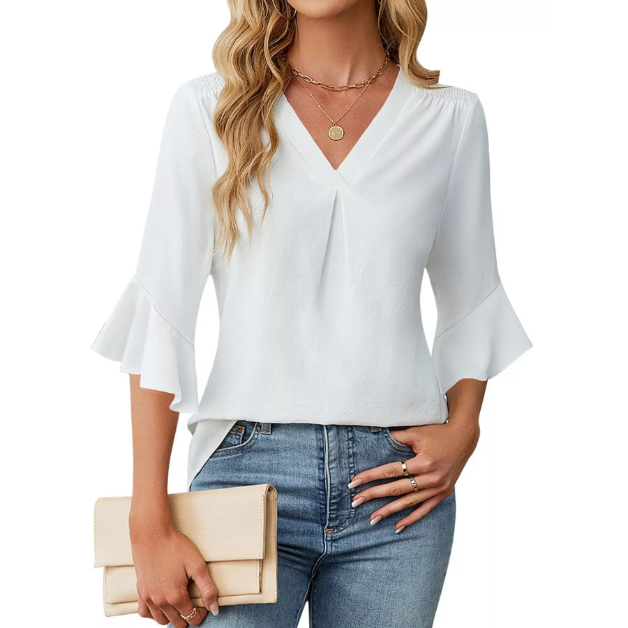 V-Neck Ruffle Sleeve Blouse White / S Apparel and Accessories