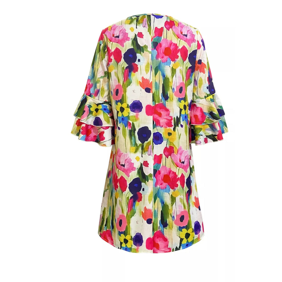 V-Neck Ruffle Sleeve Floral Print Mini Dress Multicolor / S Apparel and Accessories