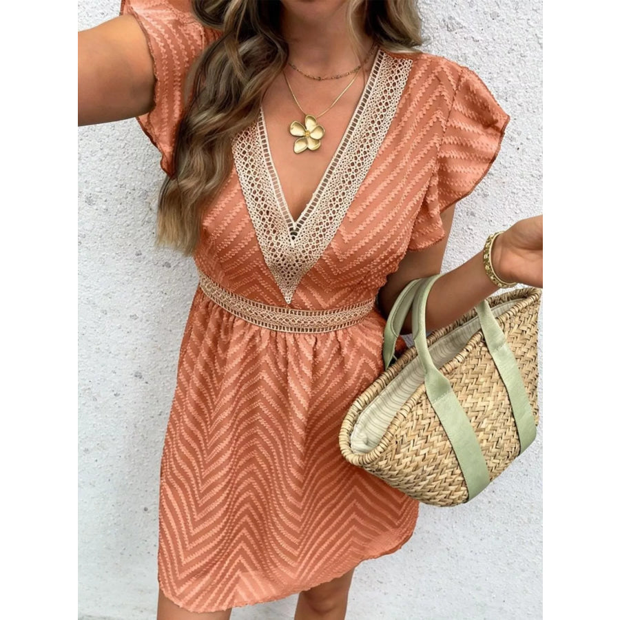 V-Neck Ruffle Sleeve Mini Dress Apparel and Accessories